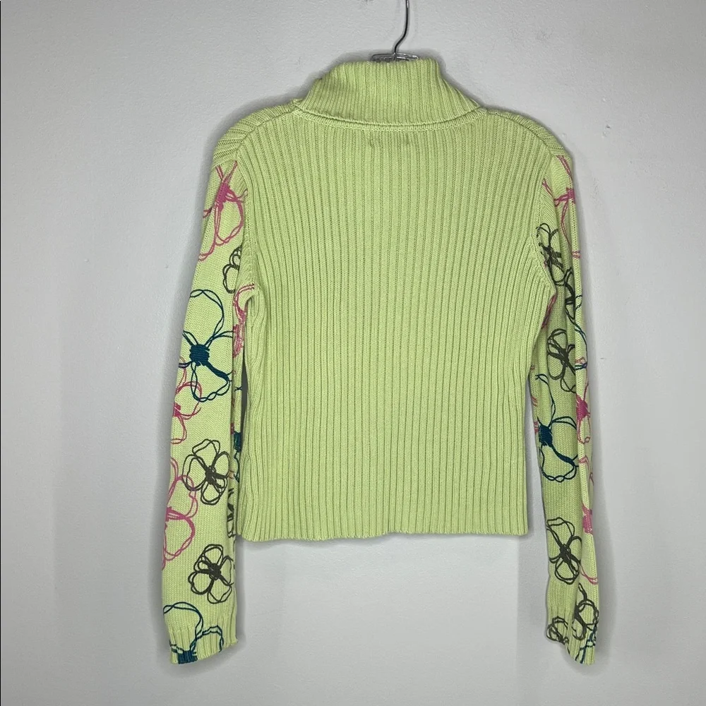Cousin Johnny Whimsical Floral Lime Green Contour Knit Funnel Neck Sweater